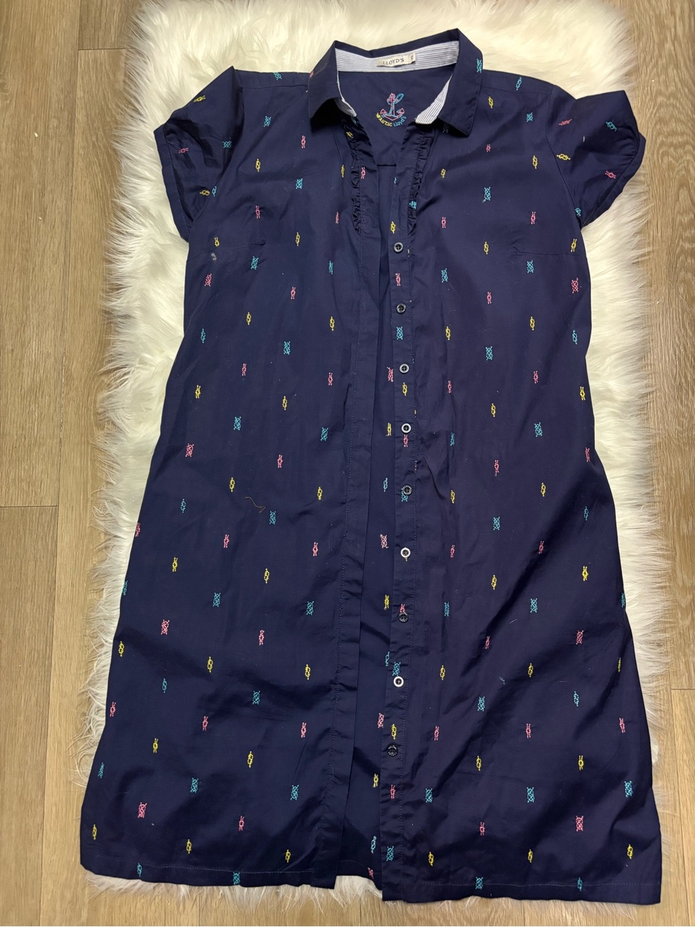 Navy Button-Up Shirt Dress with Multicolor Embroidery‎